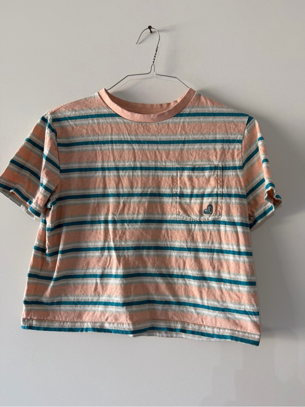 Roxy Peach and Teal Striped Pocket Tee